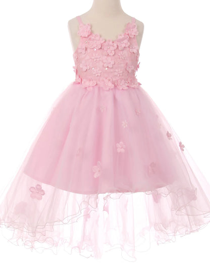 Pink dress with floral embellishments on a mannequin against a white background
