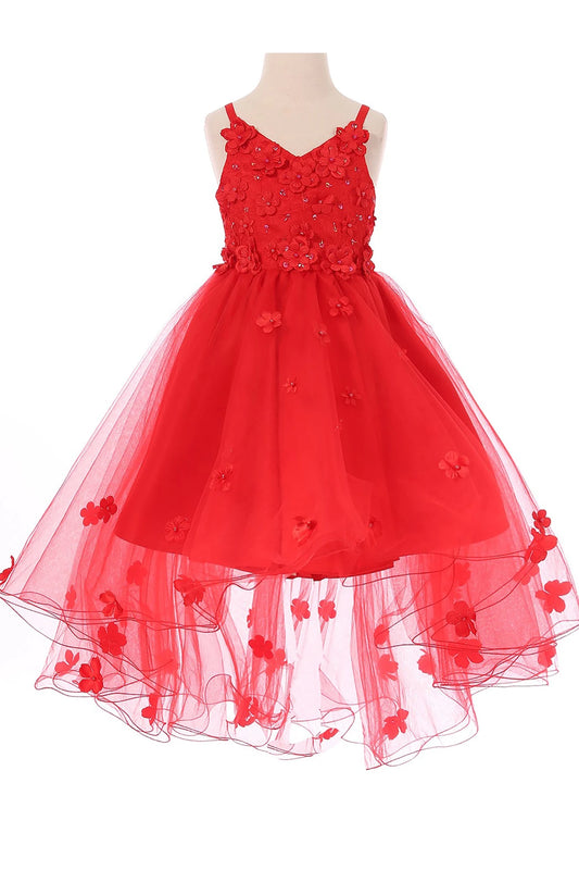 Front-facing in red high-low tulle flower girl dress with 3D floral appliqué bodice and cascading layered high-low skirt
