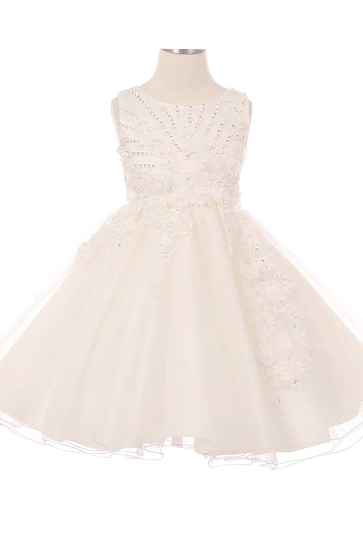 Front view of ivory glitter tulle flower girl dress with 3D pearl-beaded floral appliqué bodice and layered skirt.