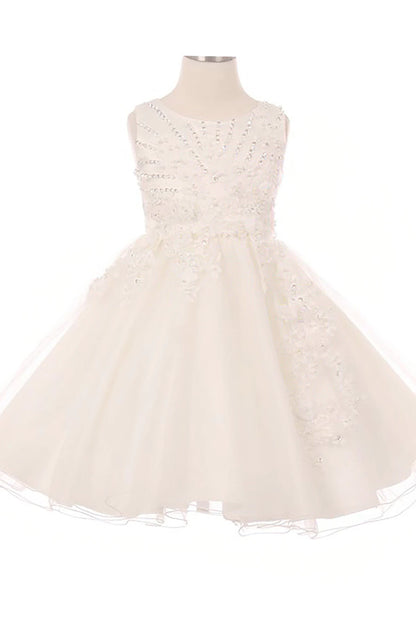 Front view of ivory glitter tulle flower girl dress with 3D pearl-beaded floral appliqué bodice and layered skirt.