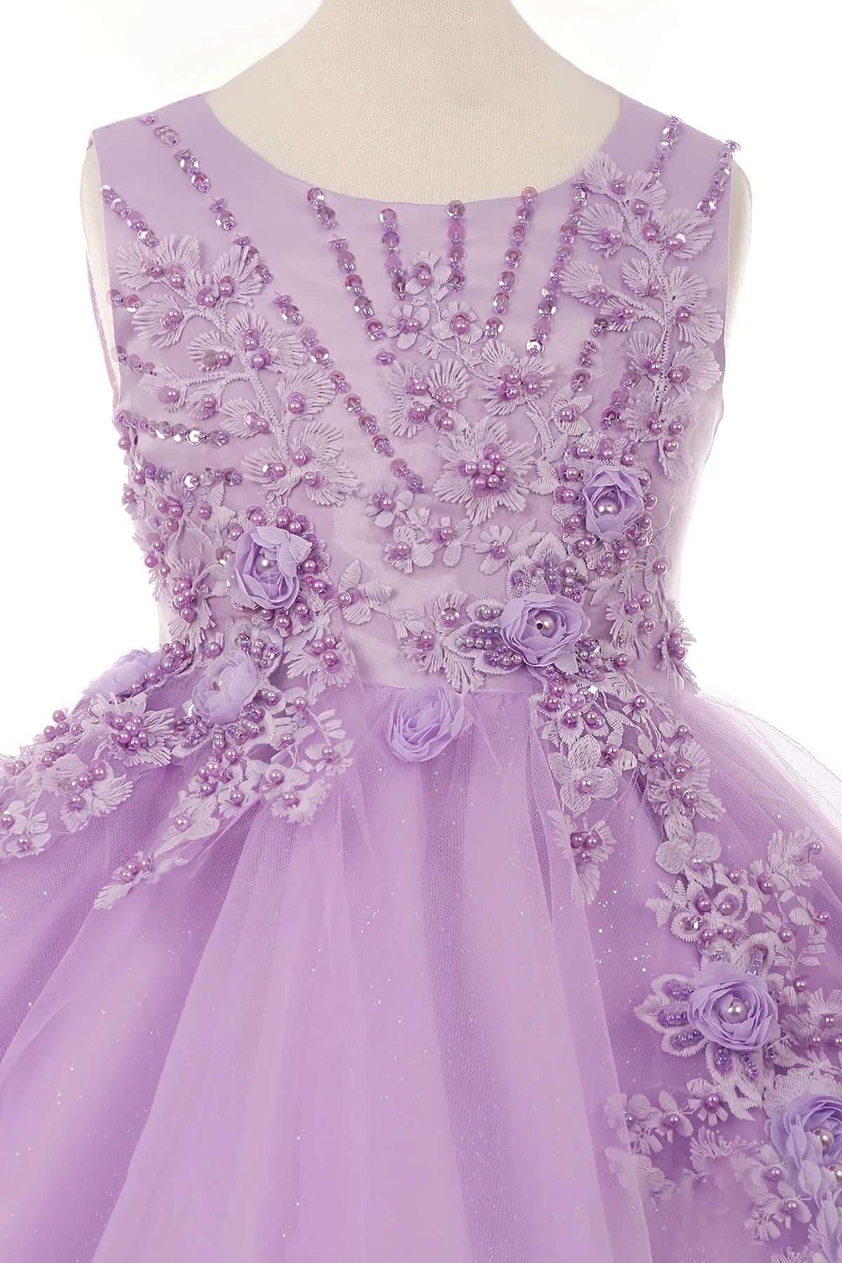 Front view of lilac glitter tulle flower girl dress with 3D pearl-beaded floral appliqué bodice and layered skirt.