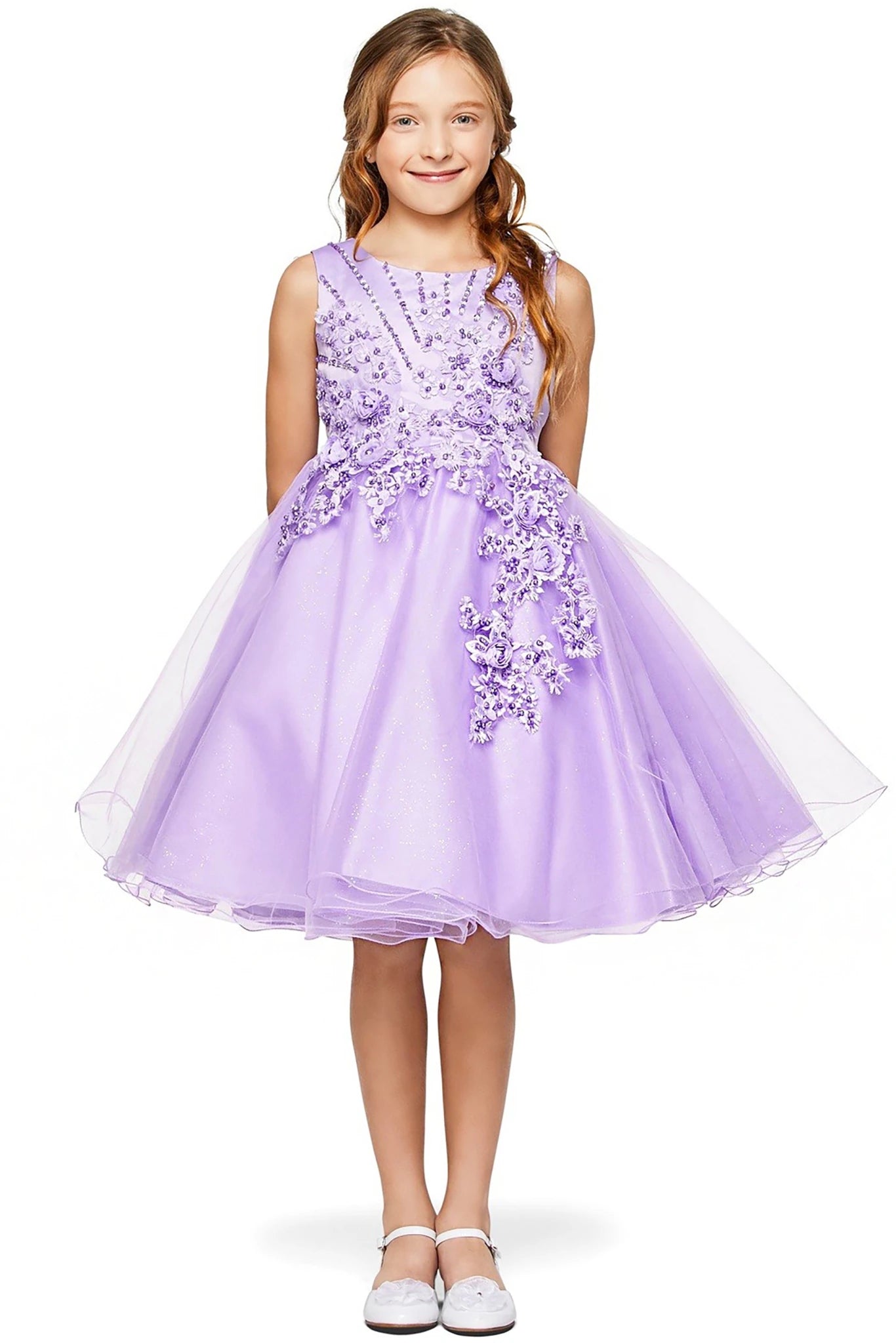 A lilac floral flower girl dress.
