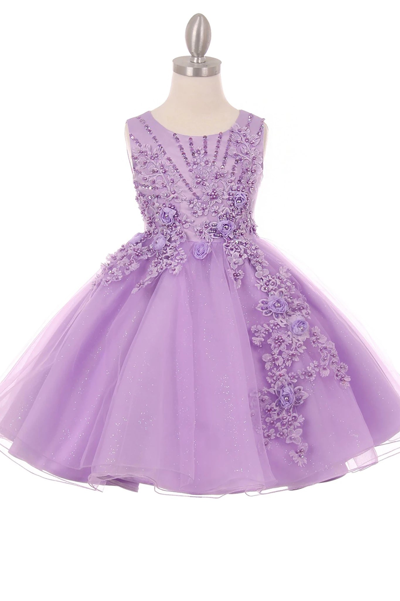Lilac flower girl dress with floral embellishments.