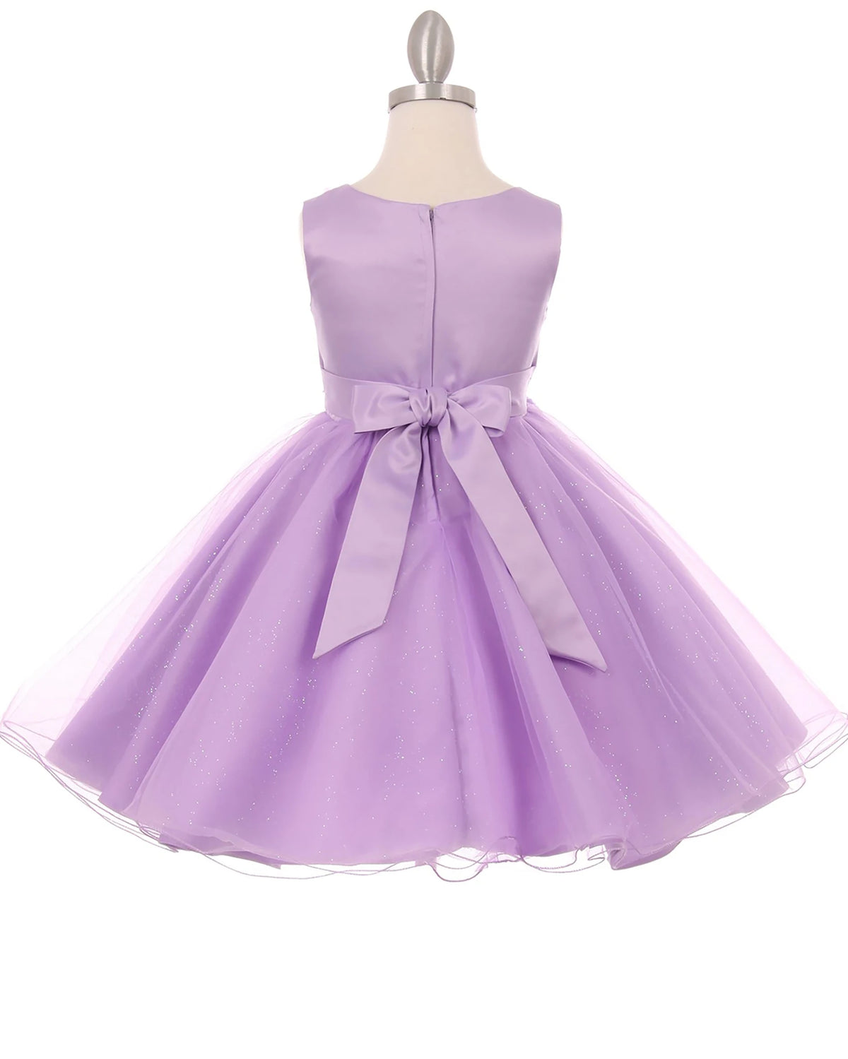 Lilac flower girl dress with a bow.