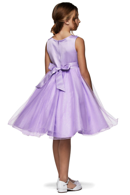 Lilac Elegant 3D Pearl Beaded Flower Glitter Tulle Dress - back view of girl wearing dress