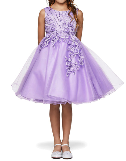 Lilac Elegant 3D Pearl Beaded Flower Glitter Tulle Dress - front view of girl wearing dress