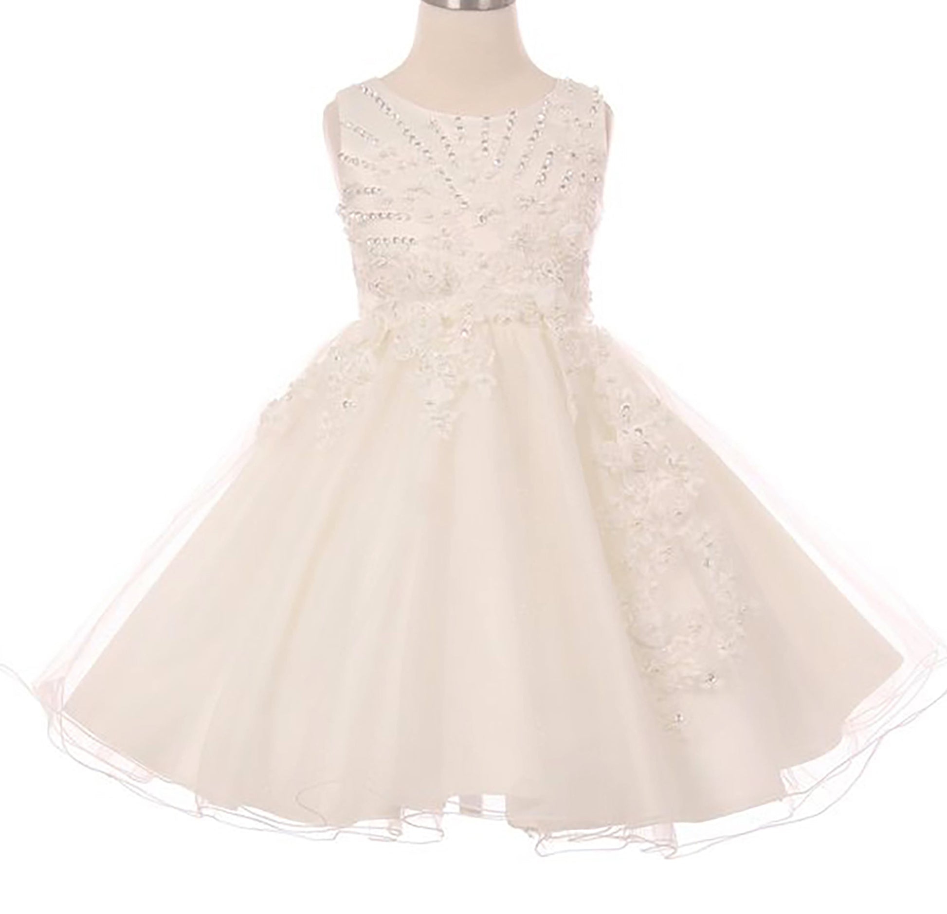 Ivory Elegant 3D Pearl Beaded Flower Glitter Tulle Dress - front view of dress