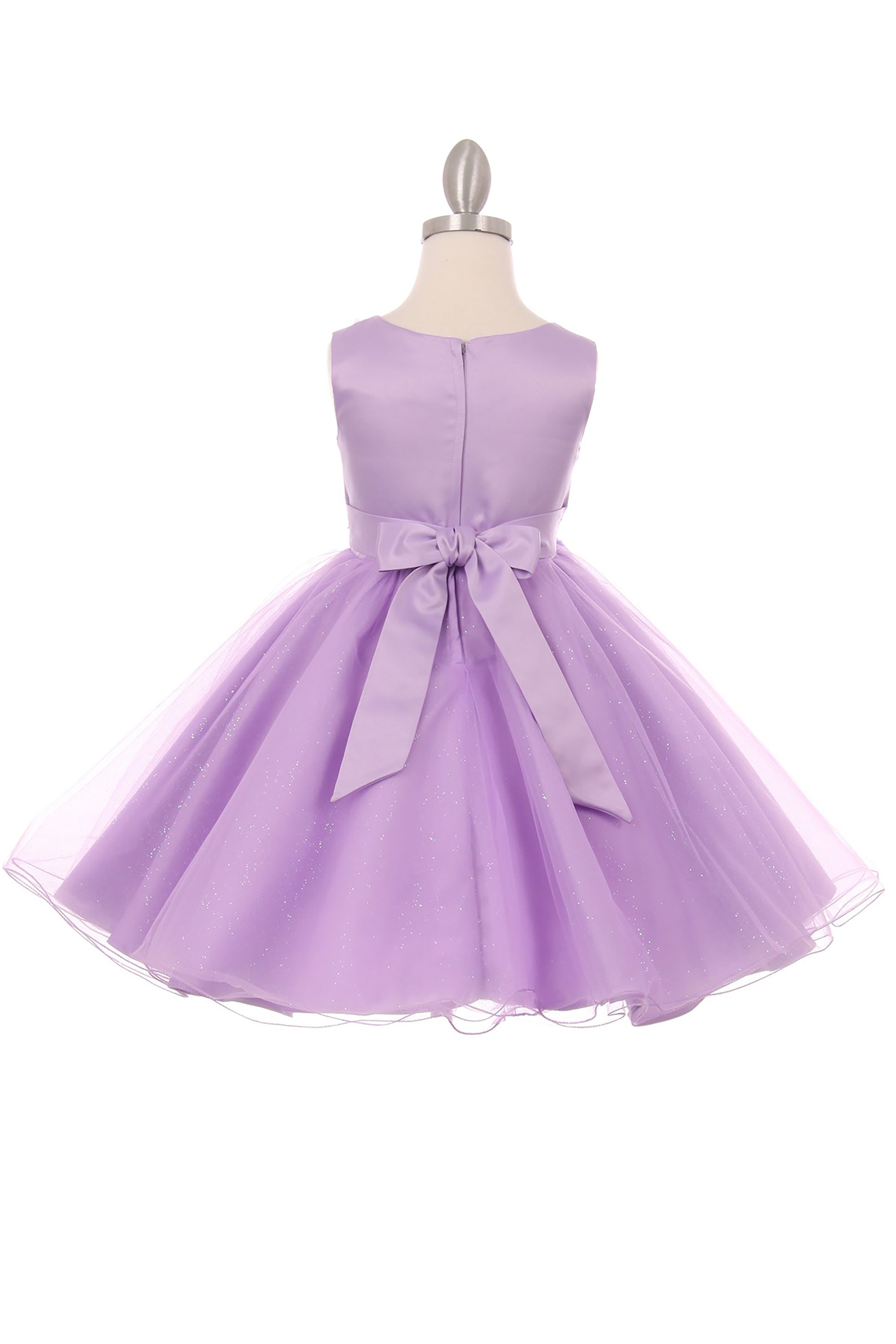 Lilac Elegant 3D Pearl Beaded Flower Glitter Tulle Dress - back view of dress with sash belt tied into a bow