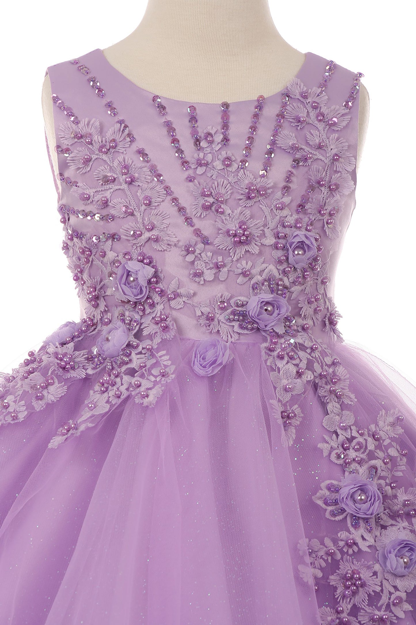 Lilac Elegant 3D Pearl Beaded Flower Glitter Tulle Dress - zoomed in front view of the dress showcasing pattern