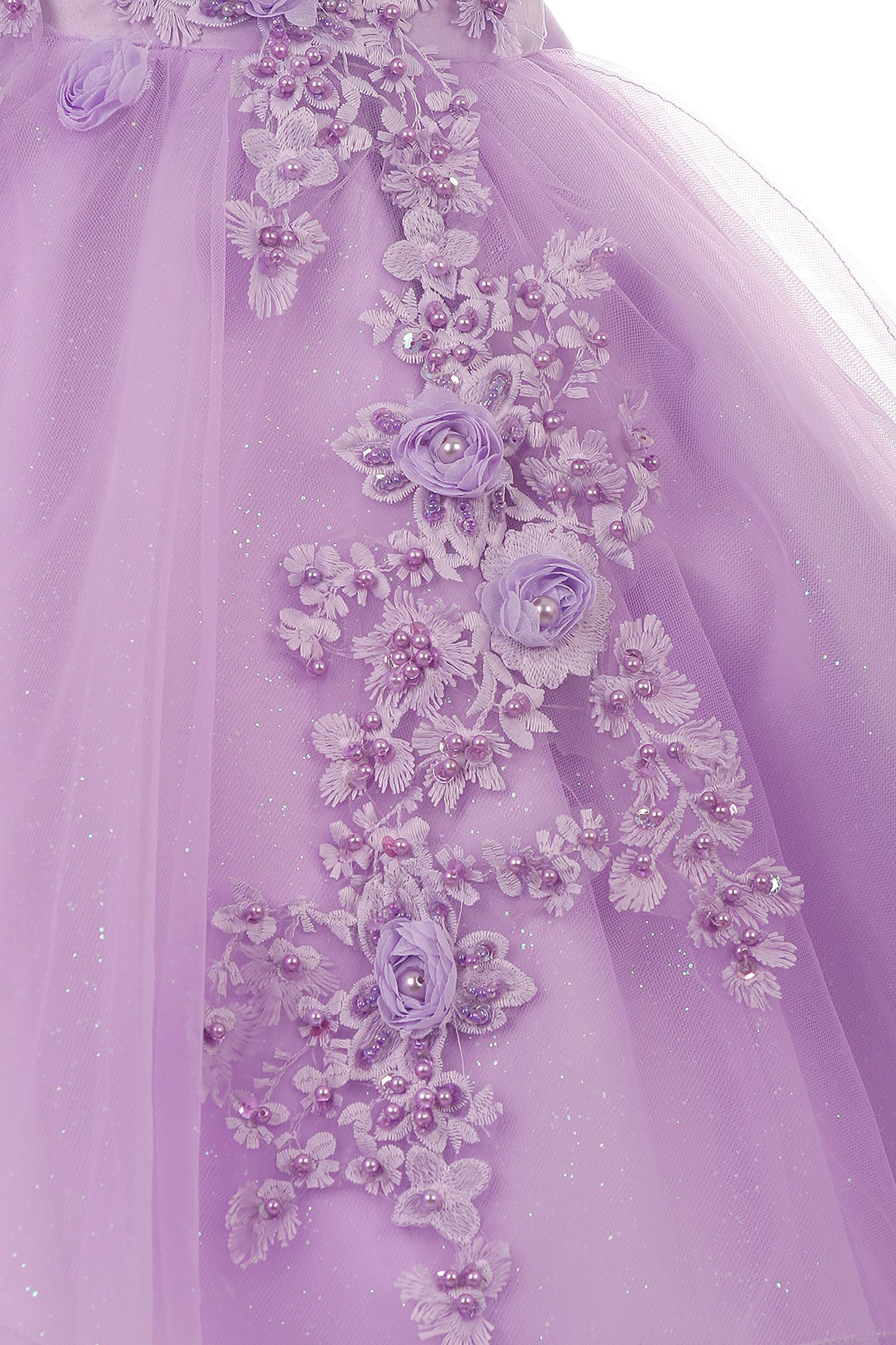 Lilac Elegant 3D Pearl Beaded Flower Glitter Tulle Dress - zoomed in view of pattern and design on the skirt