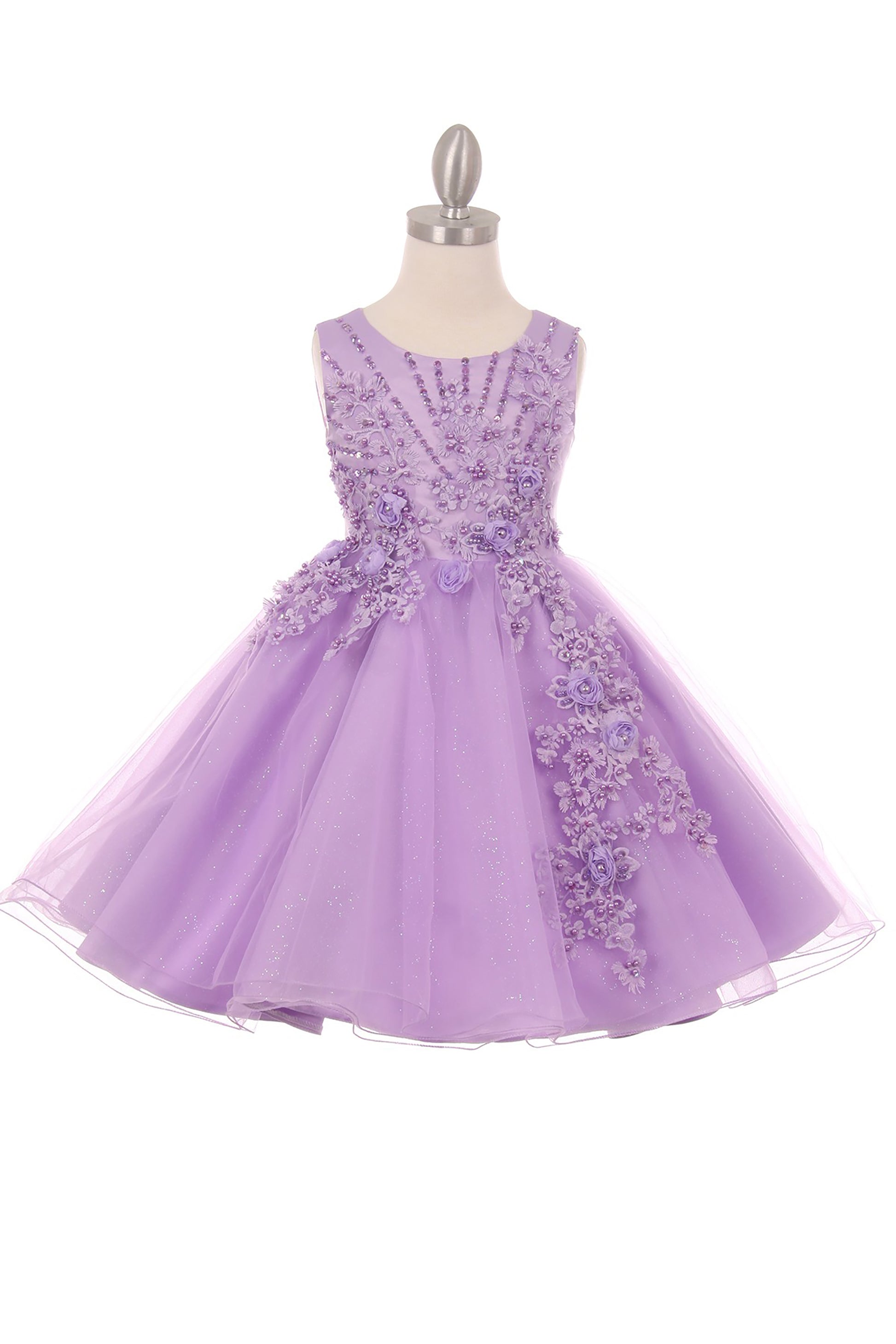 Lilac Elegant 3D Pearl Beaded Flower Glitter Tulle Dress - full front view of front of the dress