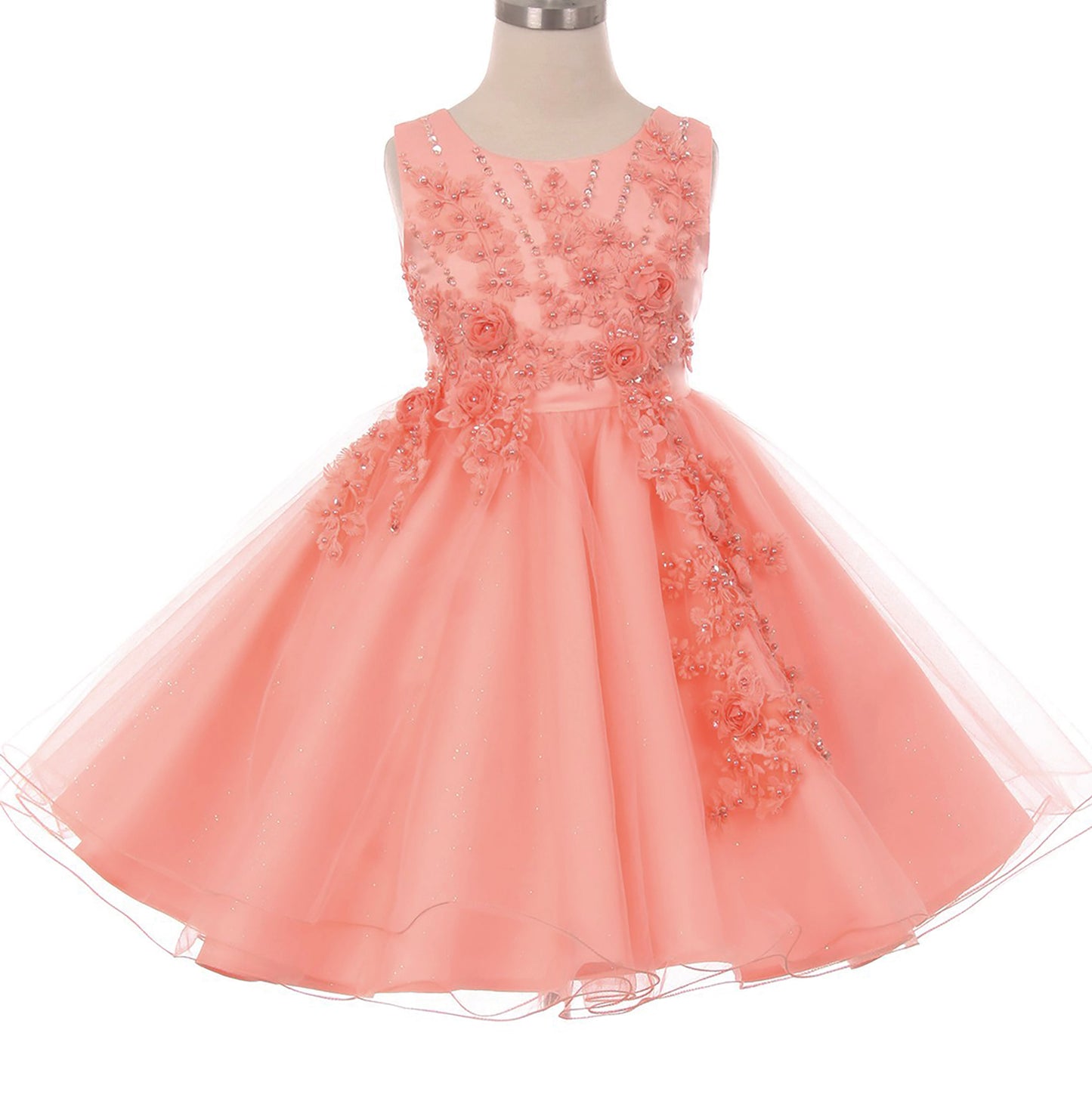 Peach Elegant 3D Pearl Beaded Flower Glitter Tulle Dress - front view of dress