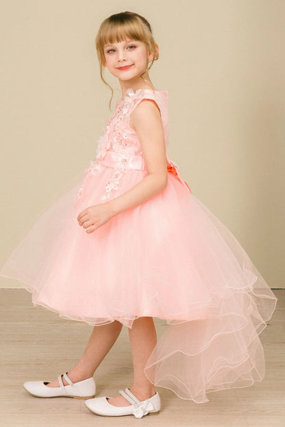 Details of the Blush flower girl dress include short front hem with a longer tulle back.