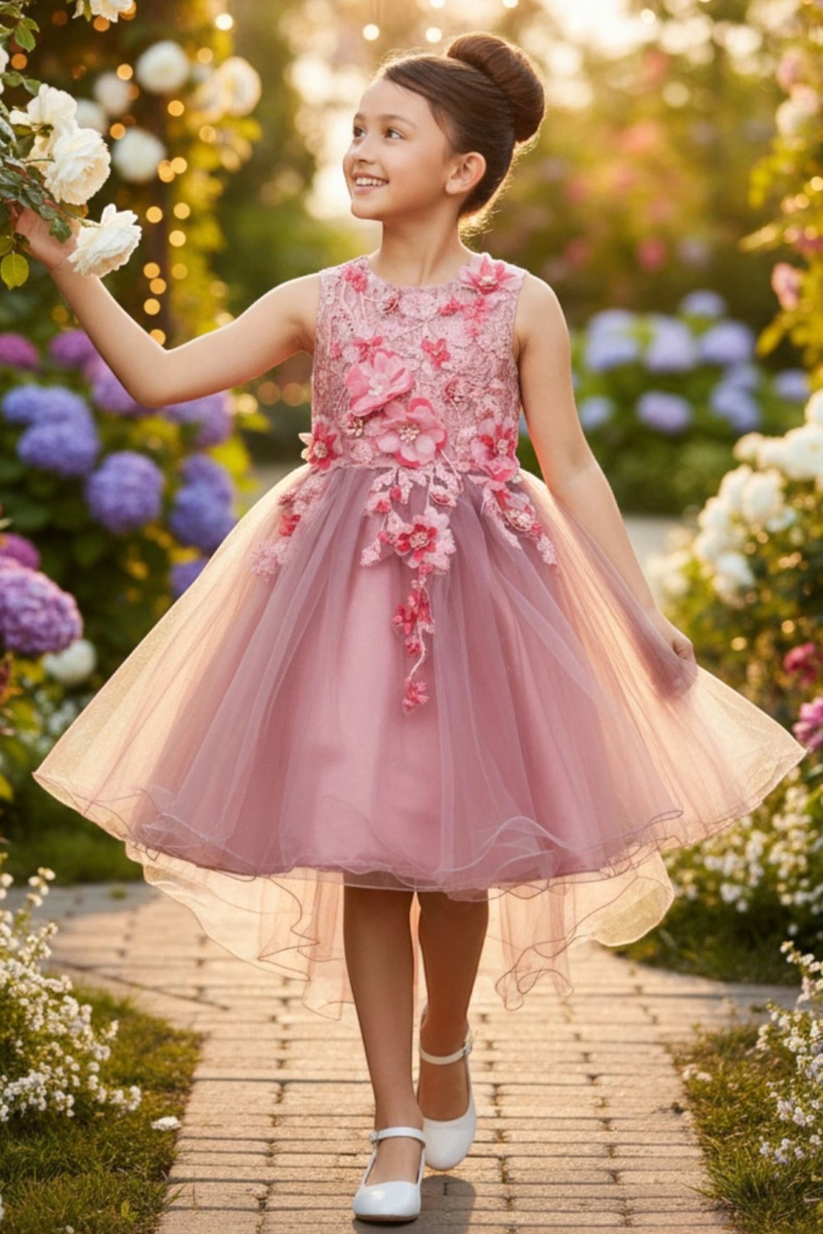 Dusty Rose flower girl dress features flower appliques cascading down the bodice.