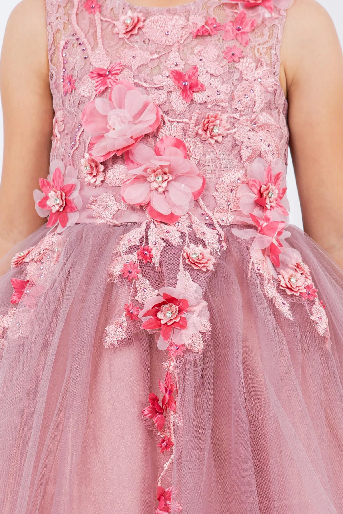 Visible on this Dusty Rose flower girl dress: raised floral appliques with small bead accents.