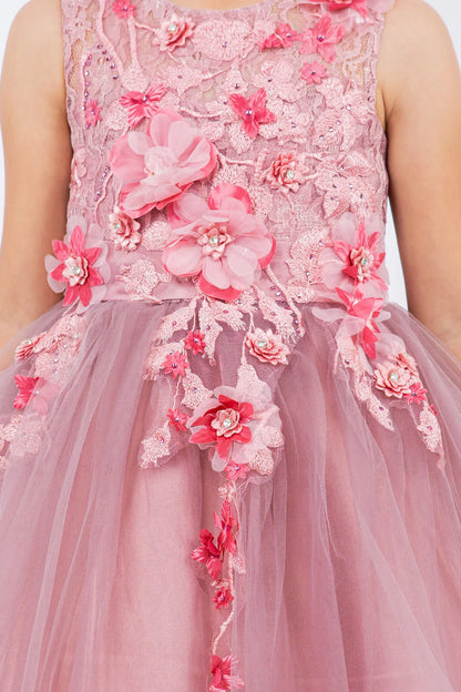 Visible on this Dusty Rose flower girl dress: raised floral appliques with small bead accents.