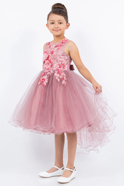 Featuring floral bodice and layered high-low tulle skirt on the Dusty Rose flower girl dress.
