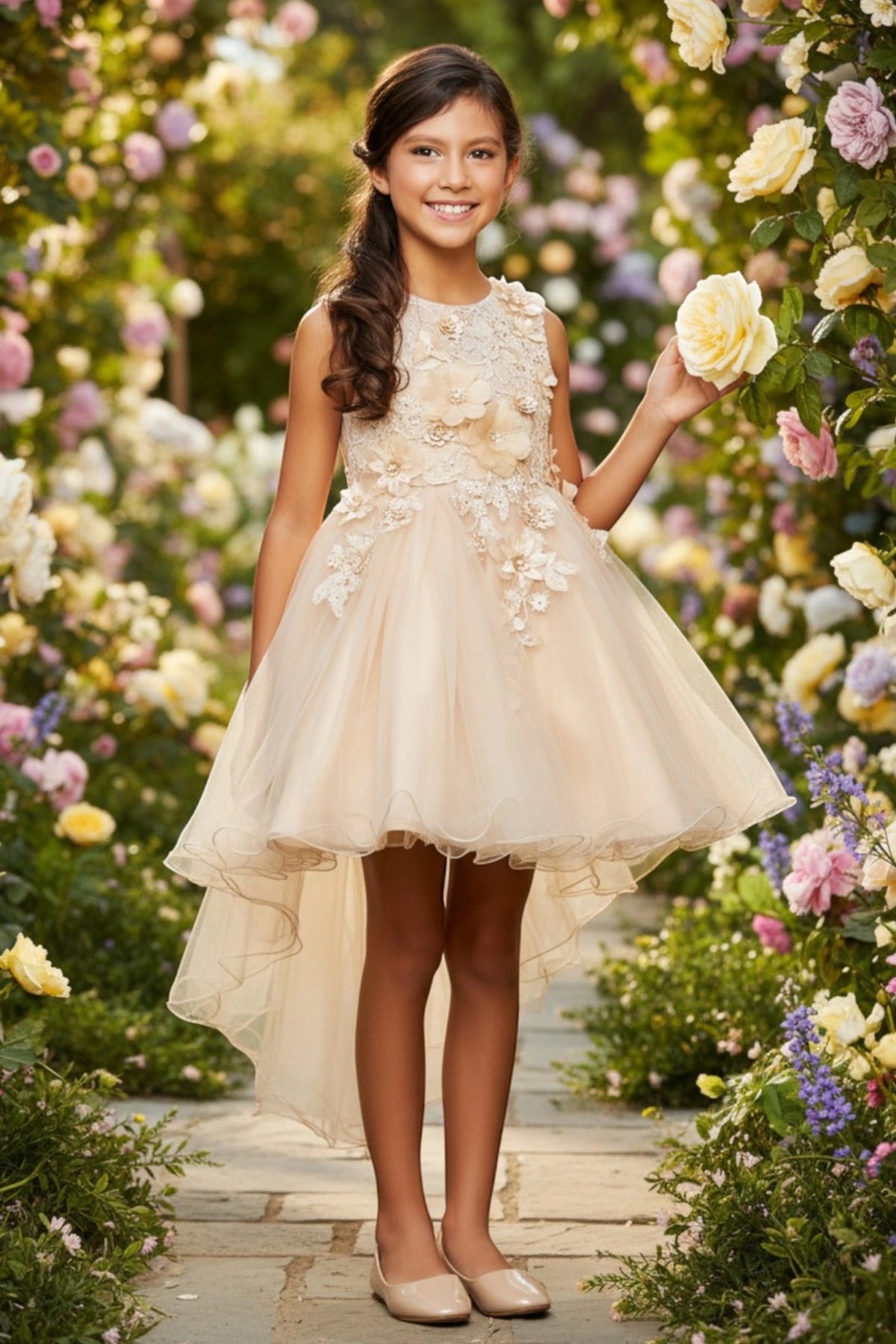 Taupe flower girl dress features floral appliques on the sleeveless bodice.