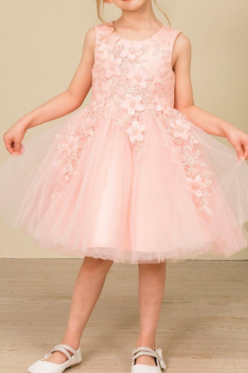 Front view of blush sleeveless flower girl dress with 3D floral appliqué bodice and wired layered tulle skirt.