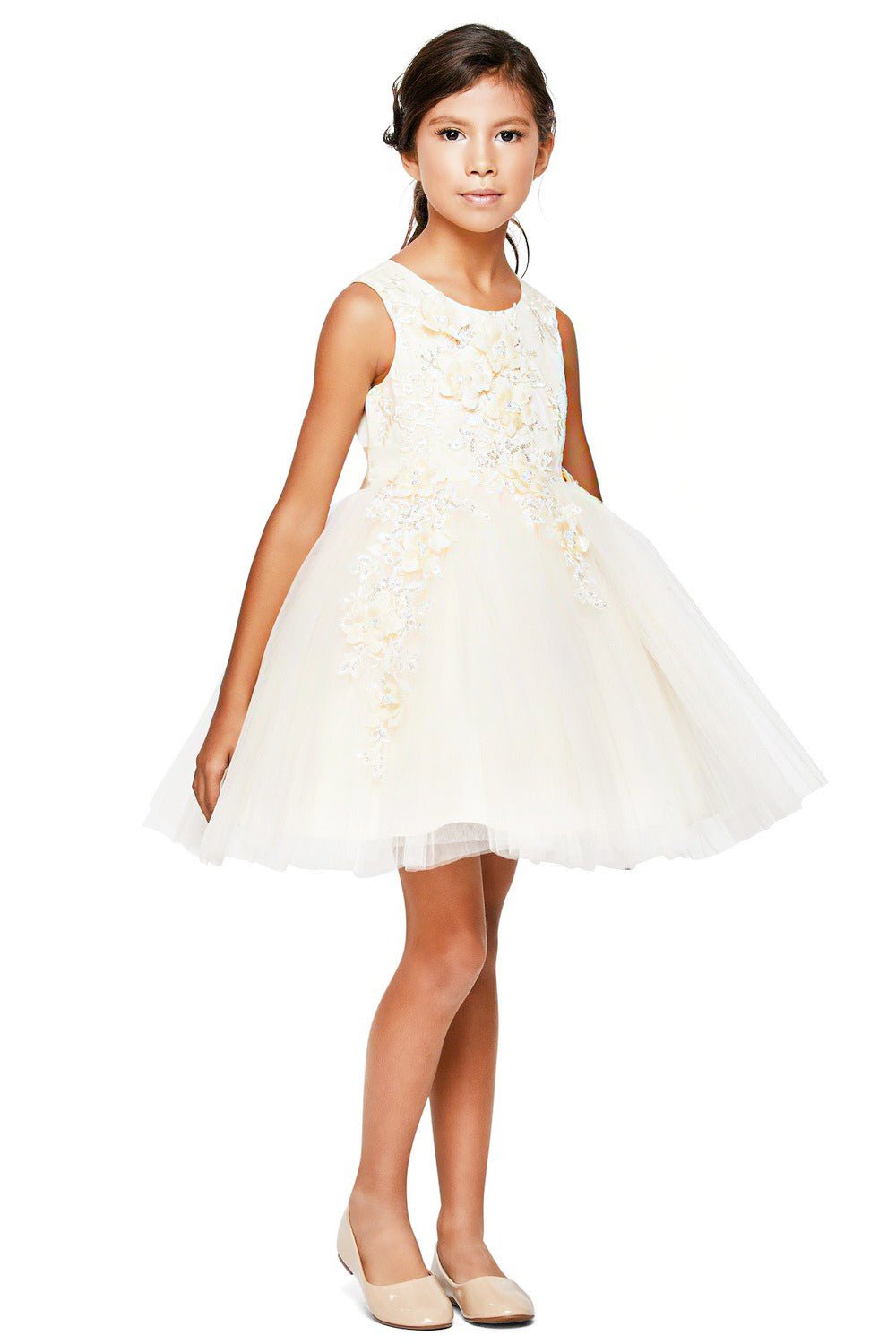 Front view of champagne sleeveless flower girl dress with 3D floral appliqué bodice and wired layered tulle skirt.
