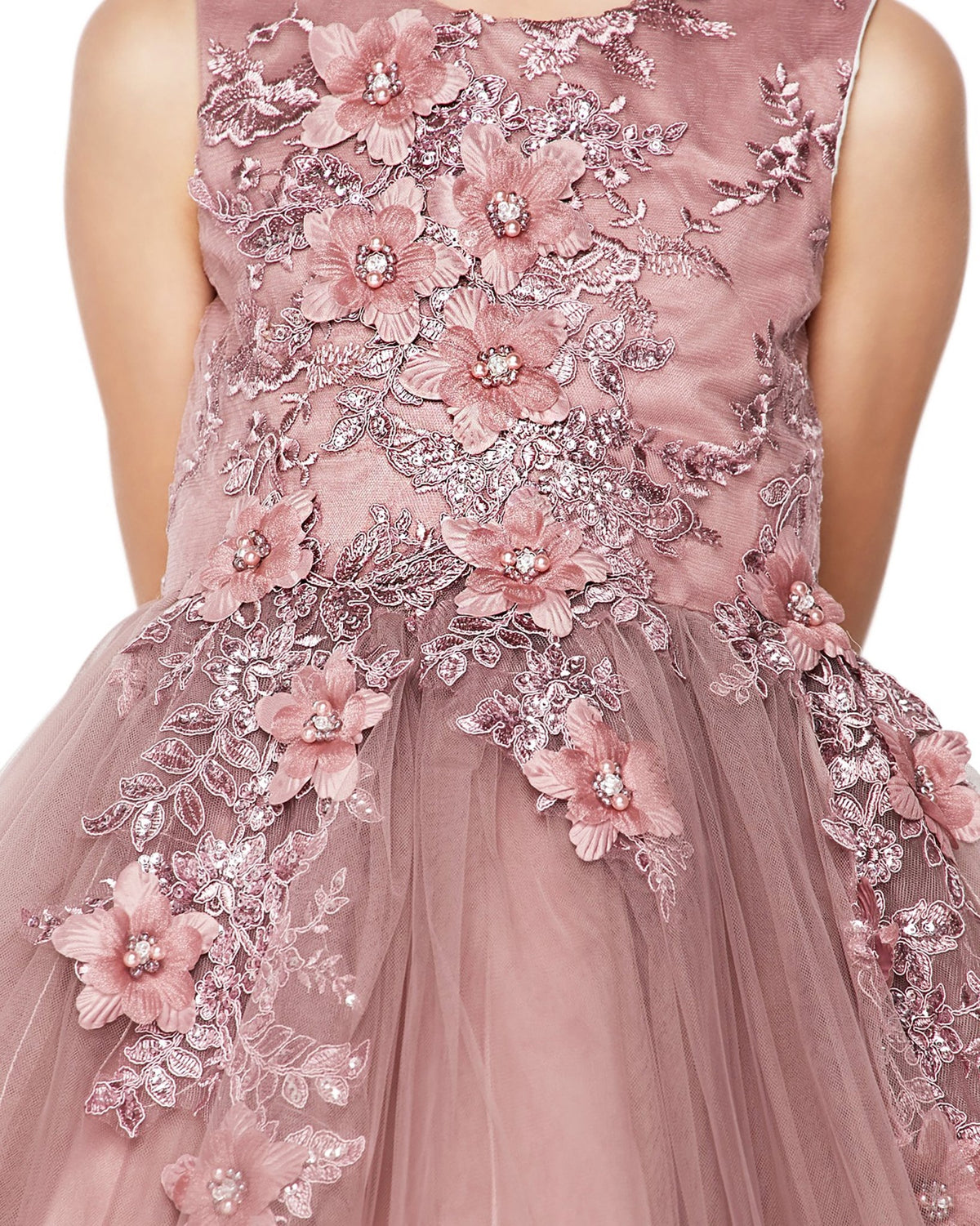 Mauve floral and beaded flower girl dress.