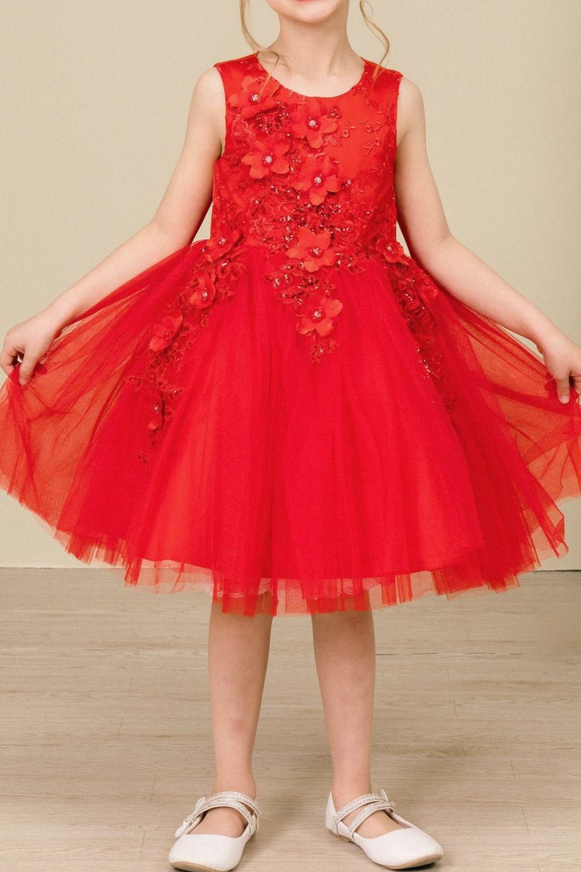 Front view of red sleeveless flower girl dress with 3D floral appliqué bodice and wired layered tulle skirt.