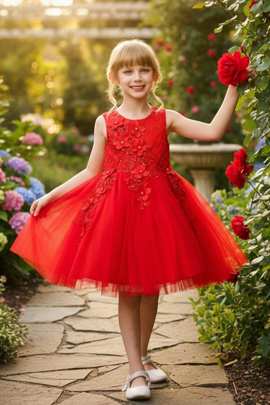 Shown in a front view, the Red flower girl dress has floral applique bodice and flared layered tulle skirt.