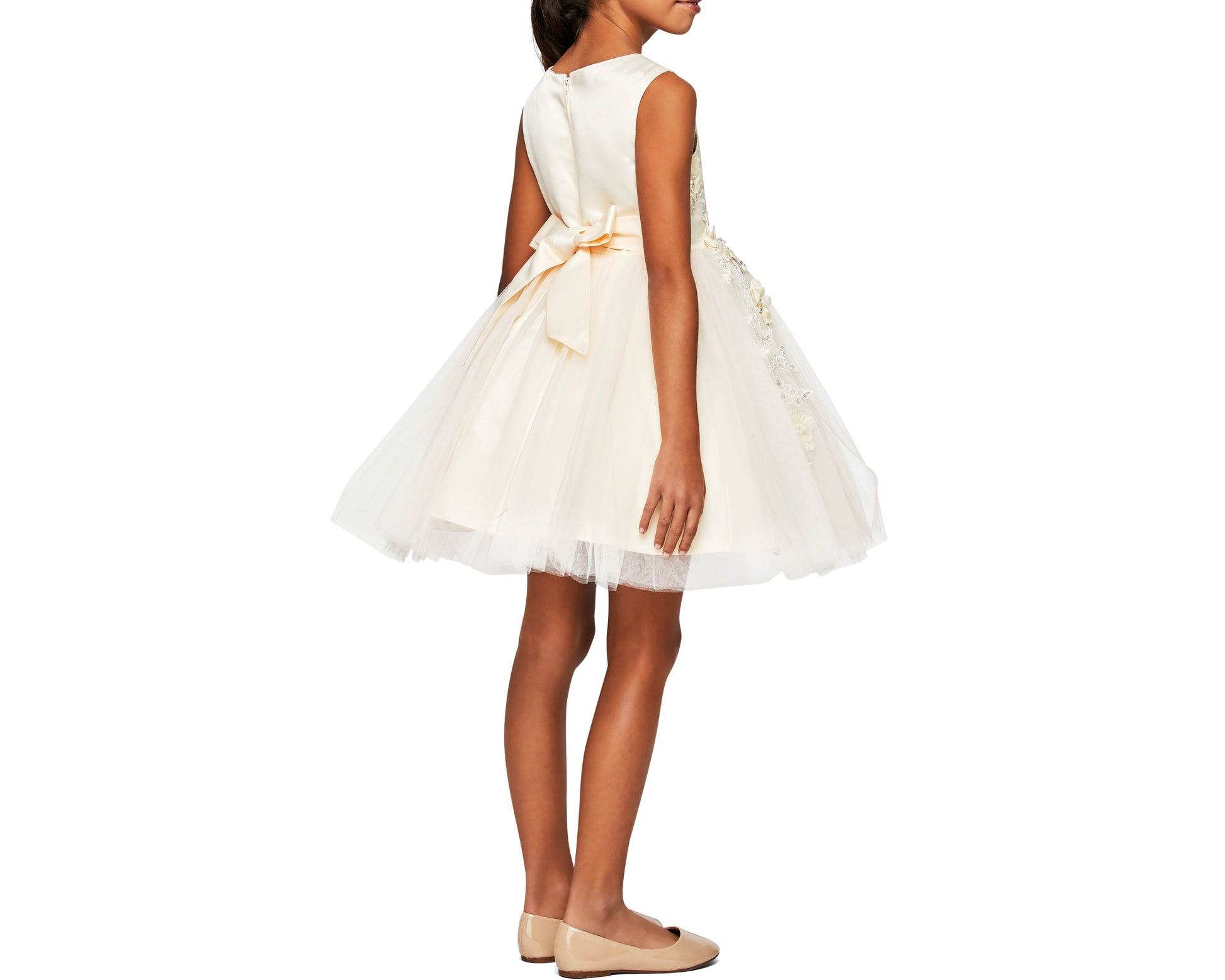 Champagne Beautiful 3D Flower Girl Sleeveless Dress | Flower Girl Dress | Birthday Girl Dress - back view of girl wearing dress with hands at sides