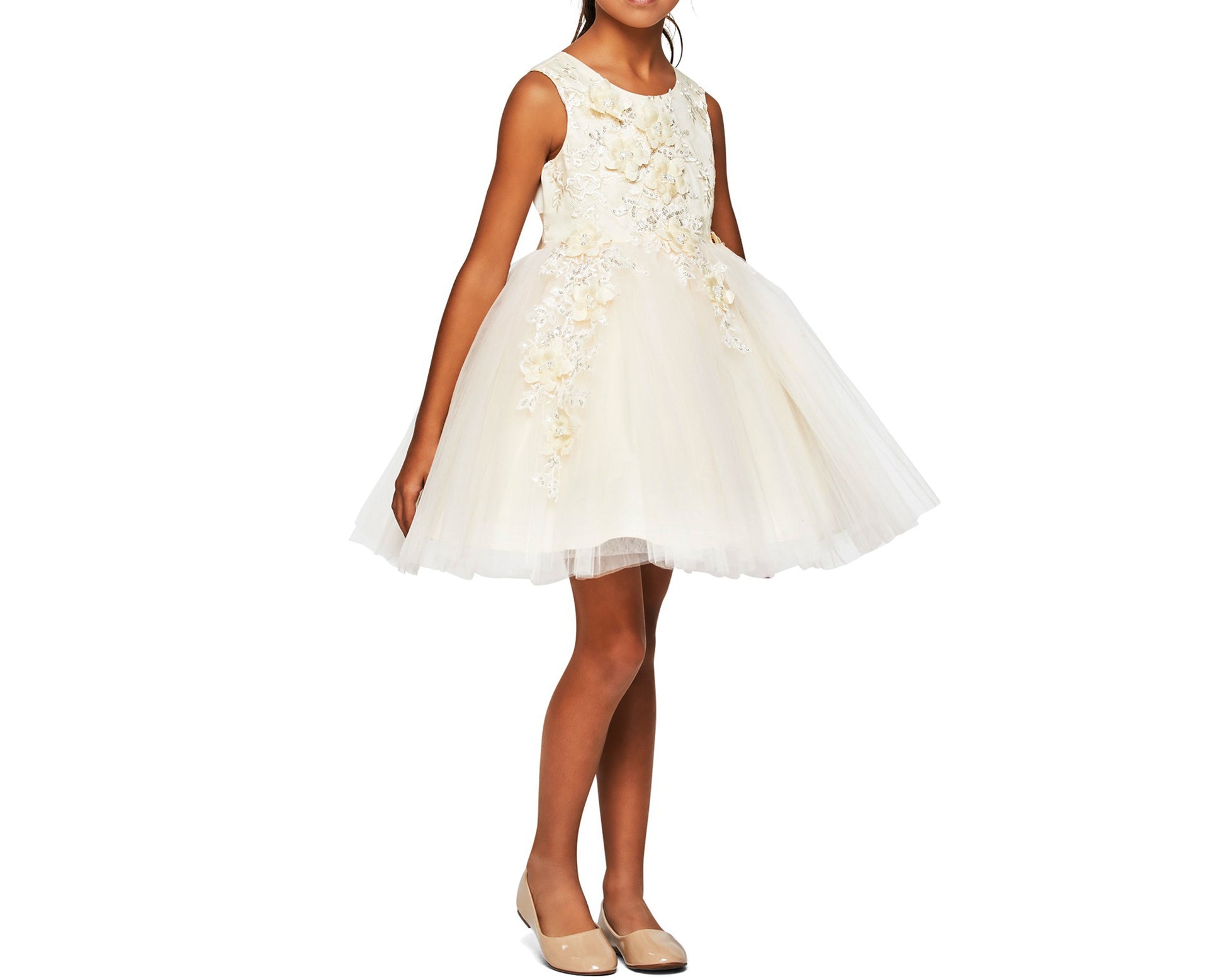 Champagne Beautiful 3D Flower Girl Sleeveless Dress | Flower Girl Dress | Birthday Girl Dress - front view of girl wearing dress with hands at sides