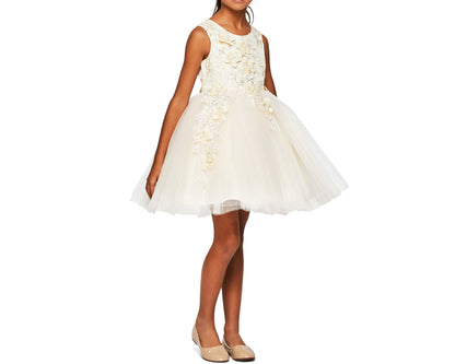 Champagne Beautiful 3D Flower Girl Sleeveless Dress | Flower Girl Dress | Birthday Girl Dress - front view of girl wearing dress with hands at sides