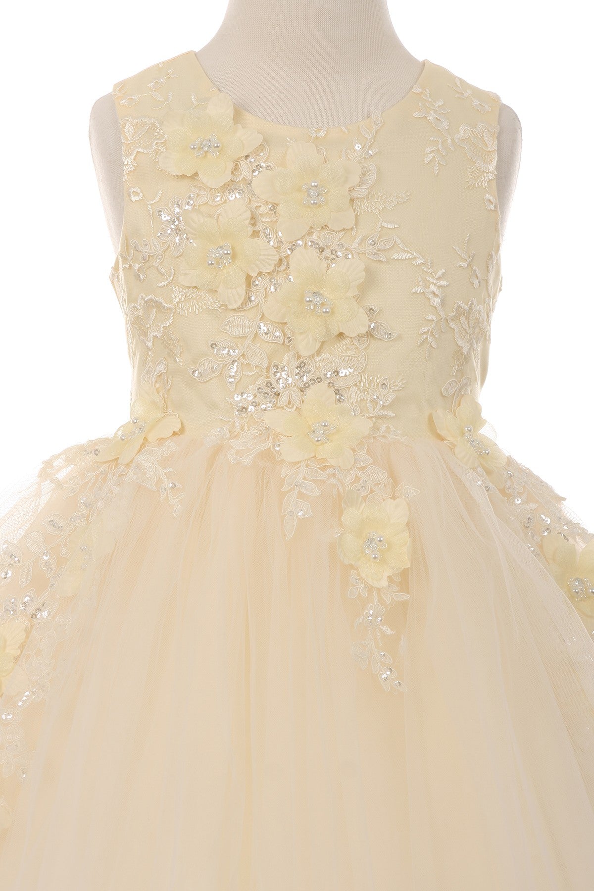 Champagne Beautiful 3D Flower Girl Sleeveless Dress | Flower Girl Dress | Birthday Girl Dress - zoomed in front view of dress showing flower pattern and fine details