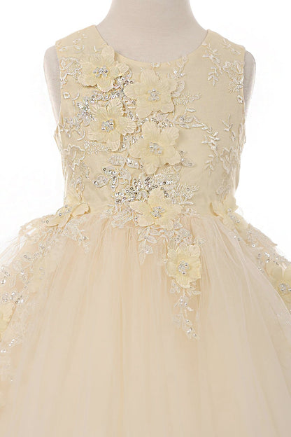 champagne flower girl dress with floral lace details on a white background
