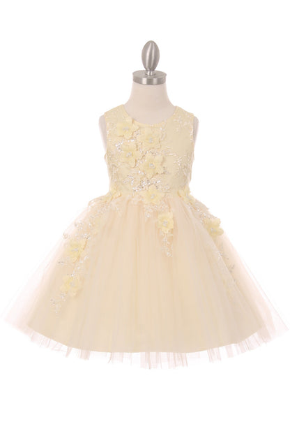 Champagne Beautiful 3D Flower Girl Sleeveless Dress | Flower Girl Dress | Birthday Girl Dress - full zoomed out front view of dress