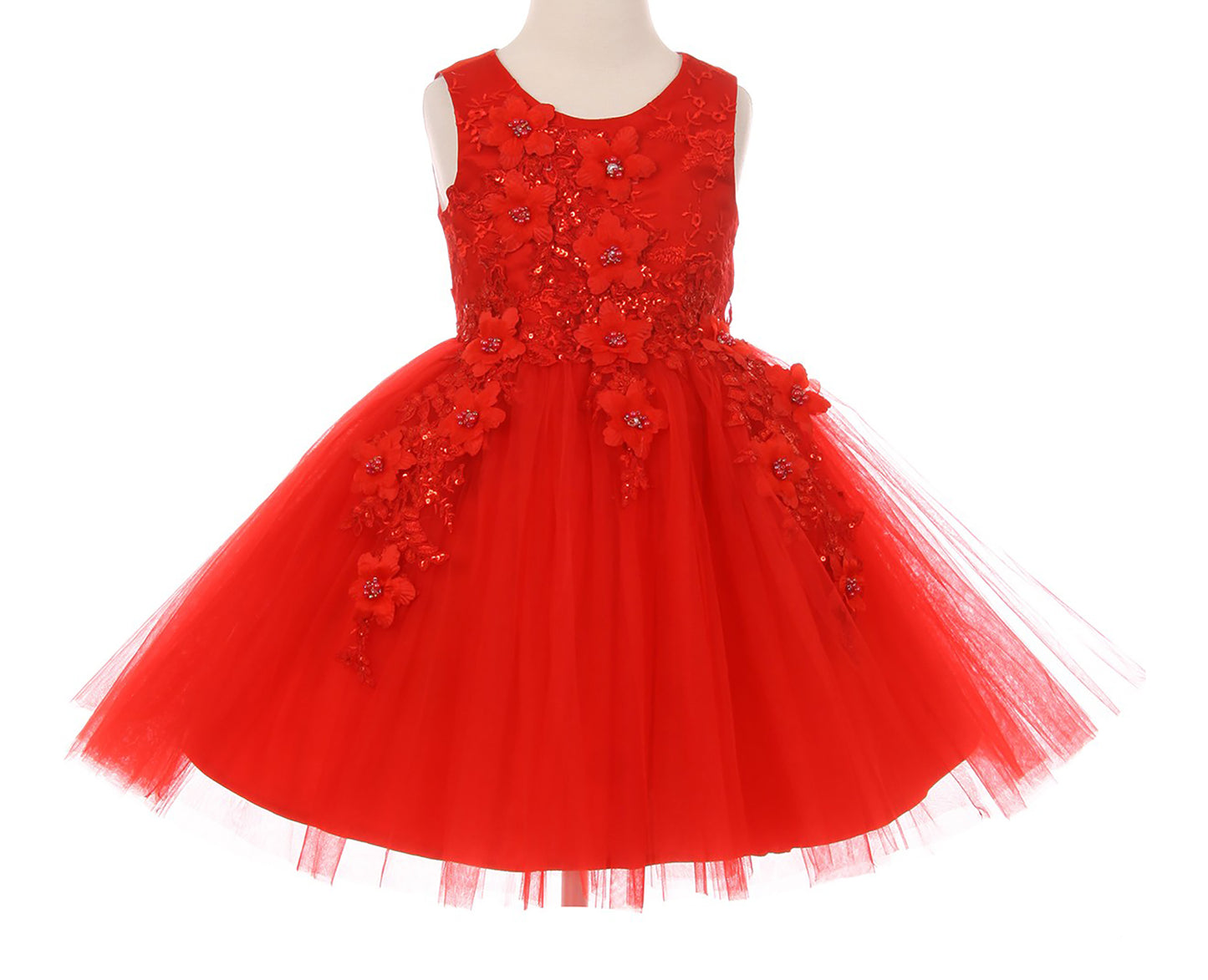 Red Beautiful 3D Flower Girl Sleeveless Dress | Flower Girl Dress | Birthday Girl Dress - front view of dress