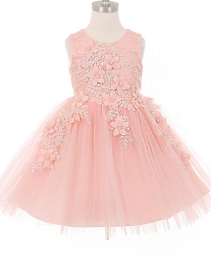 blush dress with floral lace details on a mannequin against a white background
