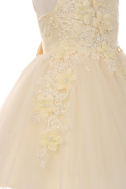 Champagne Beautiful 3D Flower Girl Sleeveless Dress | Flower Girl Dress | Birthday Girl Dress - zoomed in view of dress detailing flower pattern and details