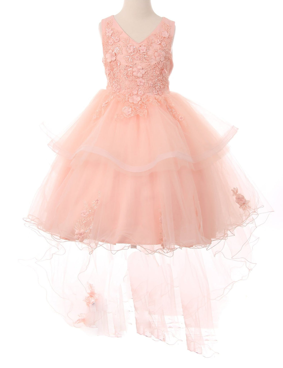 Front view of blush Peach Blush 9 layers of Skirt Train with Hand-crafted Sequin Pearl Beads Top flower girl dress.