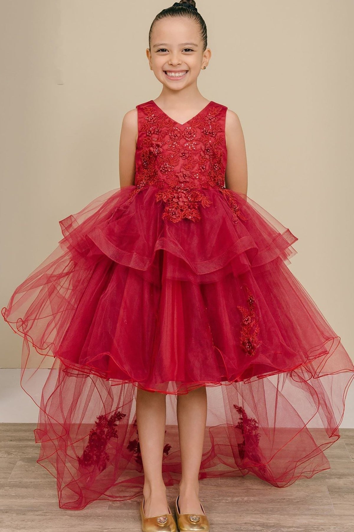 A burgundy floral flower girl dress.