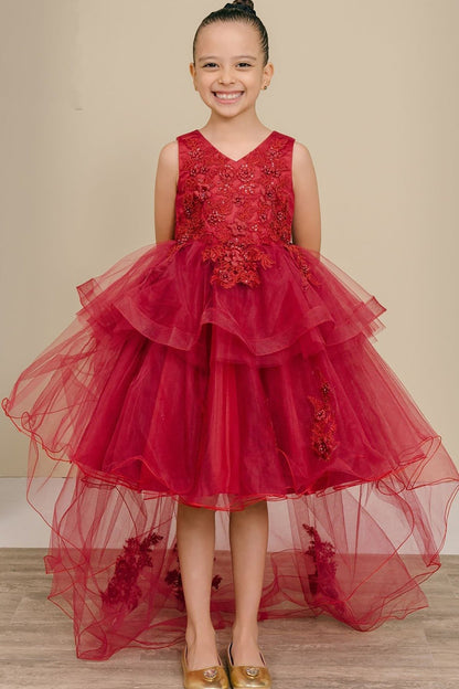 Detailed view highlights a burgundy floral flower girl dress.