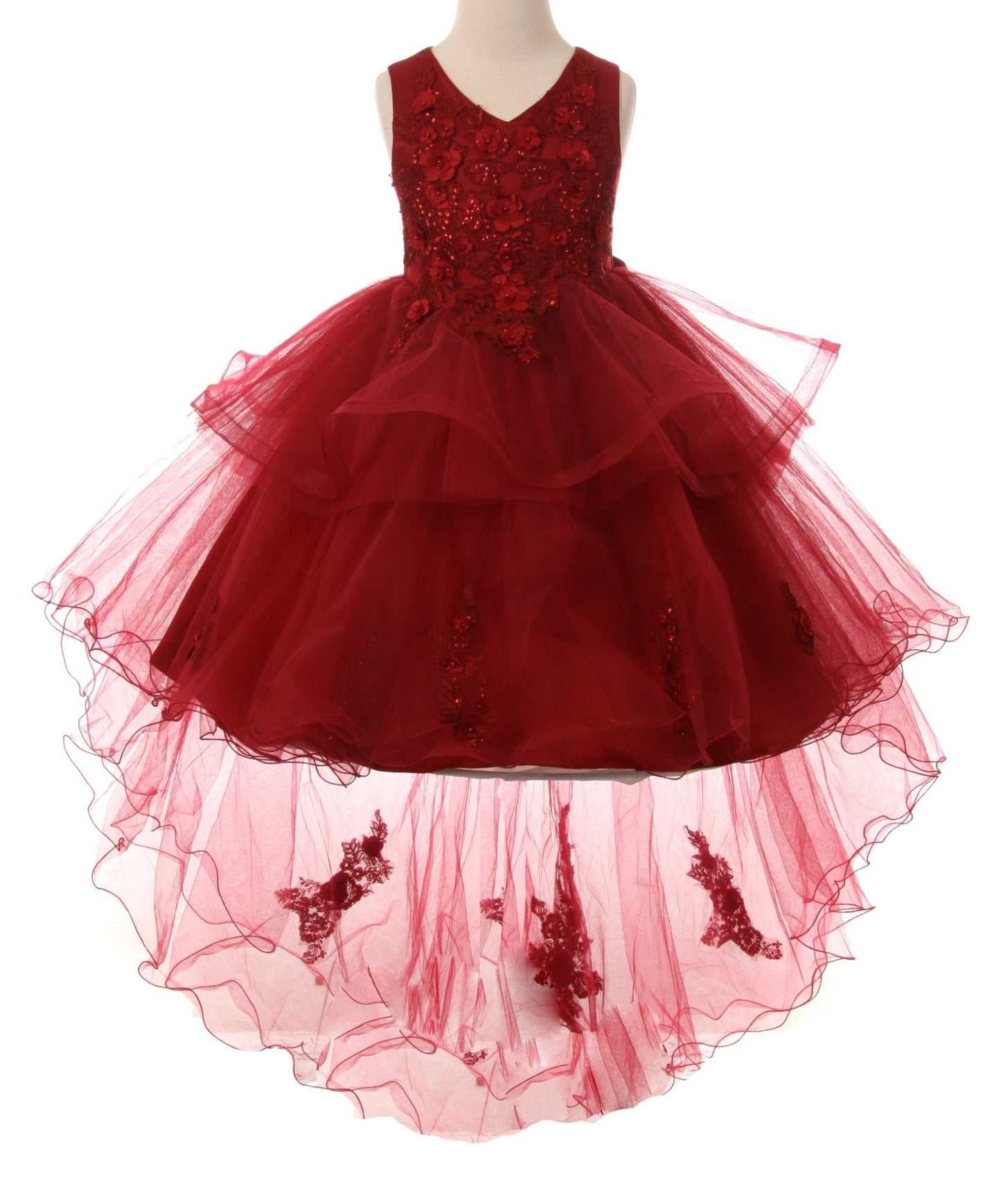 Front view of Burgundy 9 layers of Skirt Train with Hand-crafted Sequin Pearl Beads Top flower girl dress.