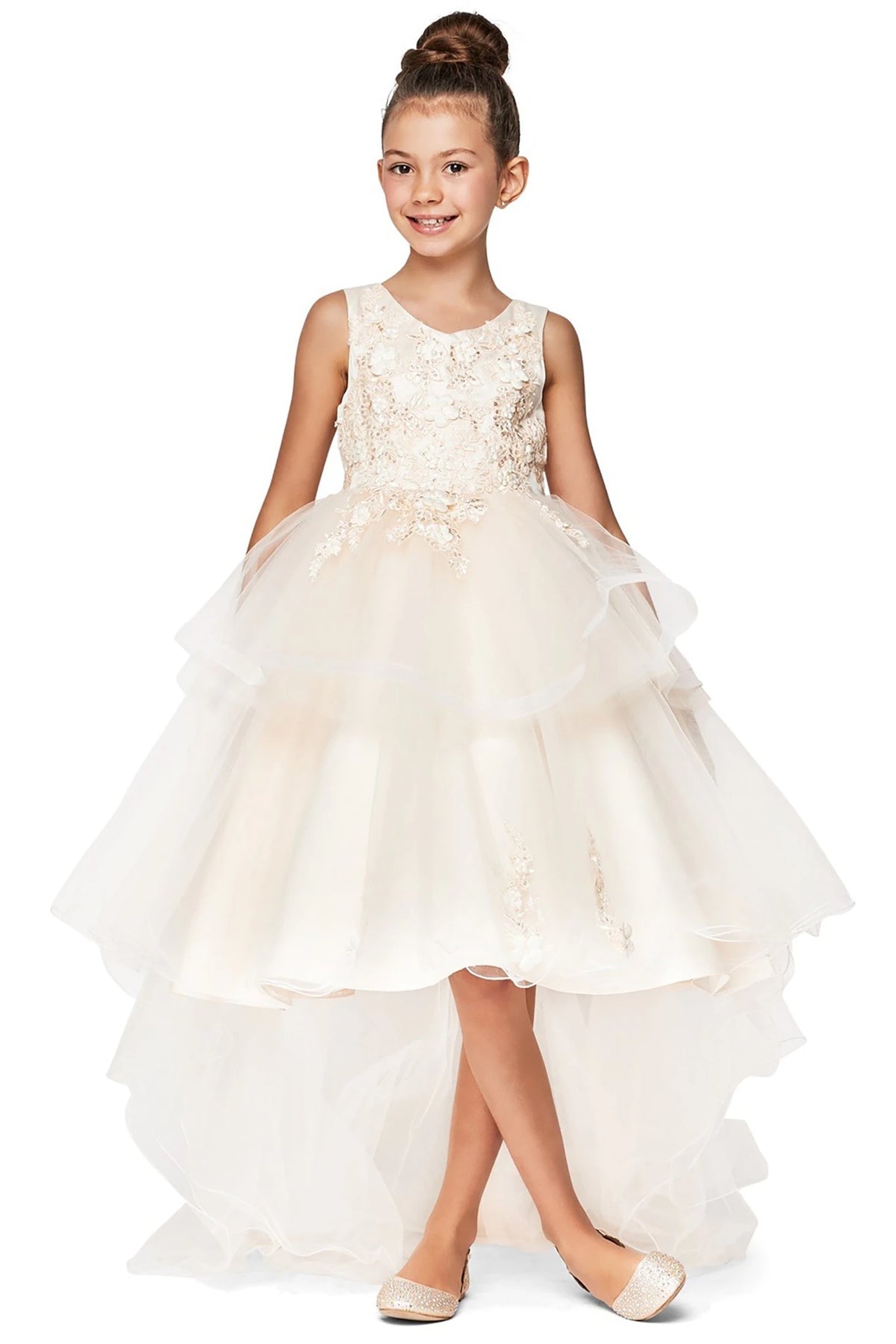 A champagne floral flower girl dress.