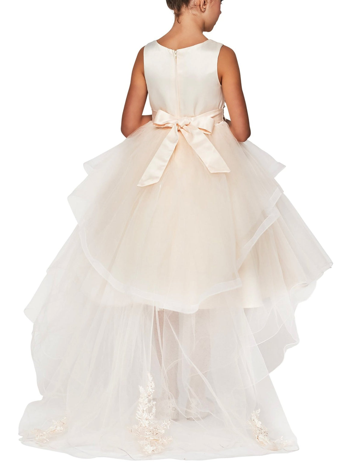 Back view of Champagne 9 layers of Skirt Train with Hand-crafted Sequin Pearl Beads Top flower girl dress.