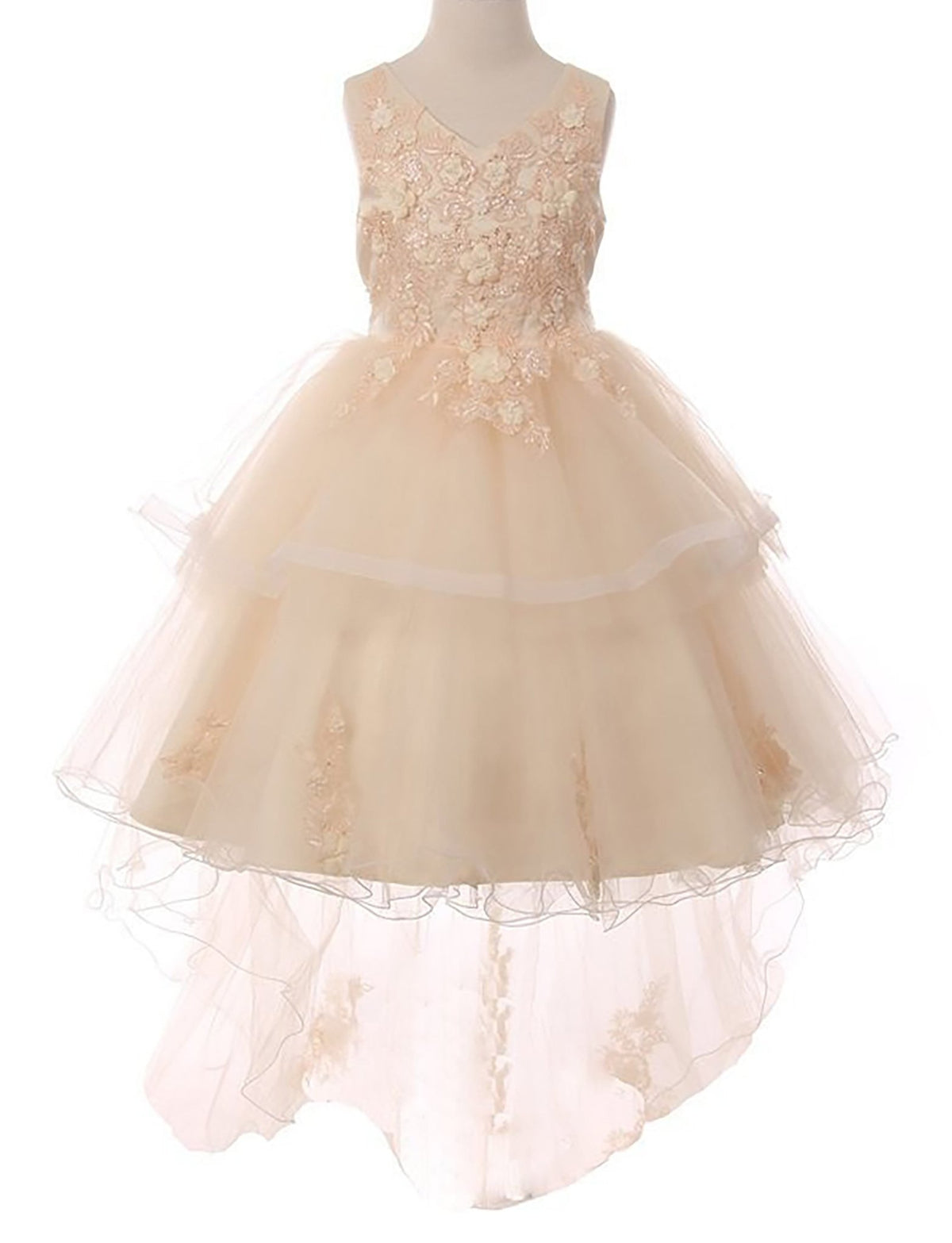Front view of Champagne 9 layers of Skirt Train with Hand-crafted Sequin Pearl Beads Top flower girl dress.