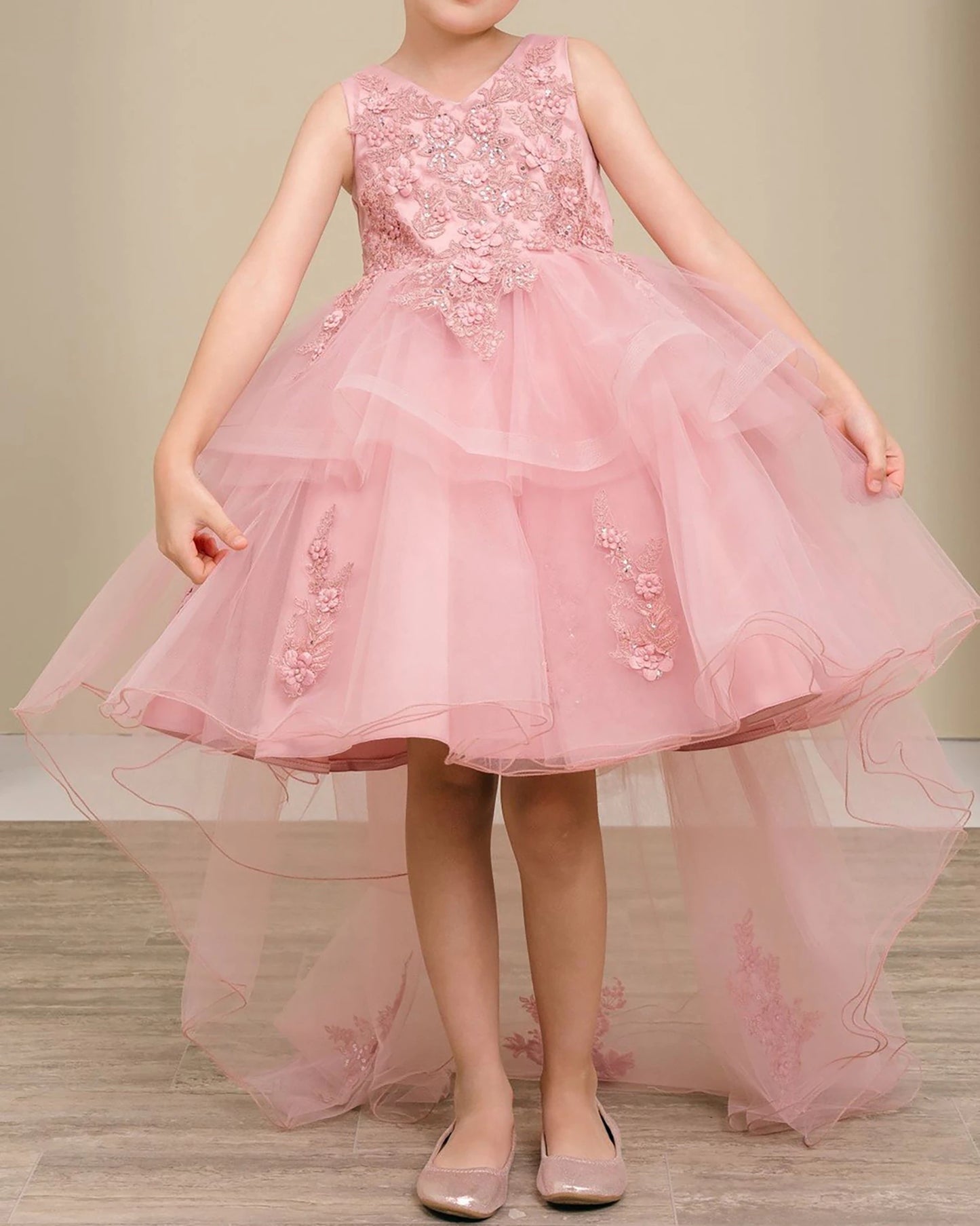 Dusty rose floral flower girl dress.