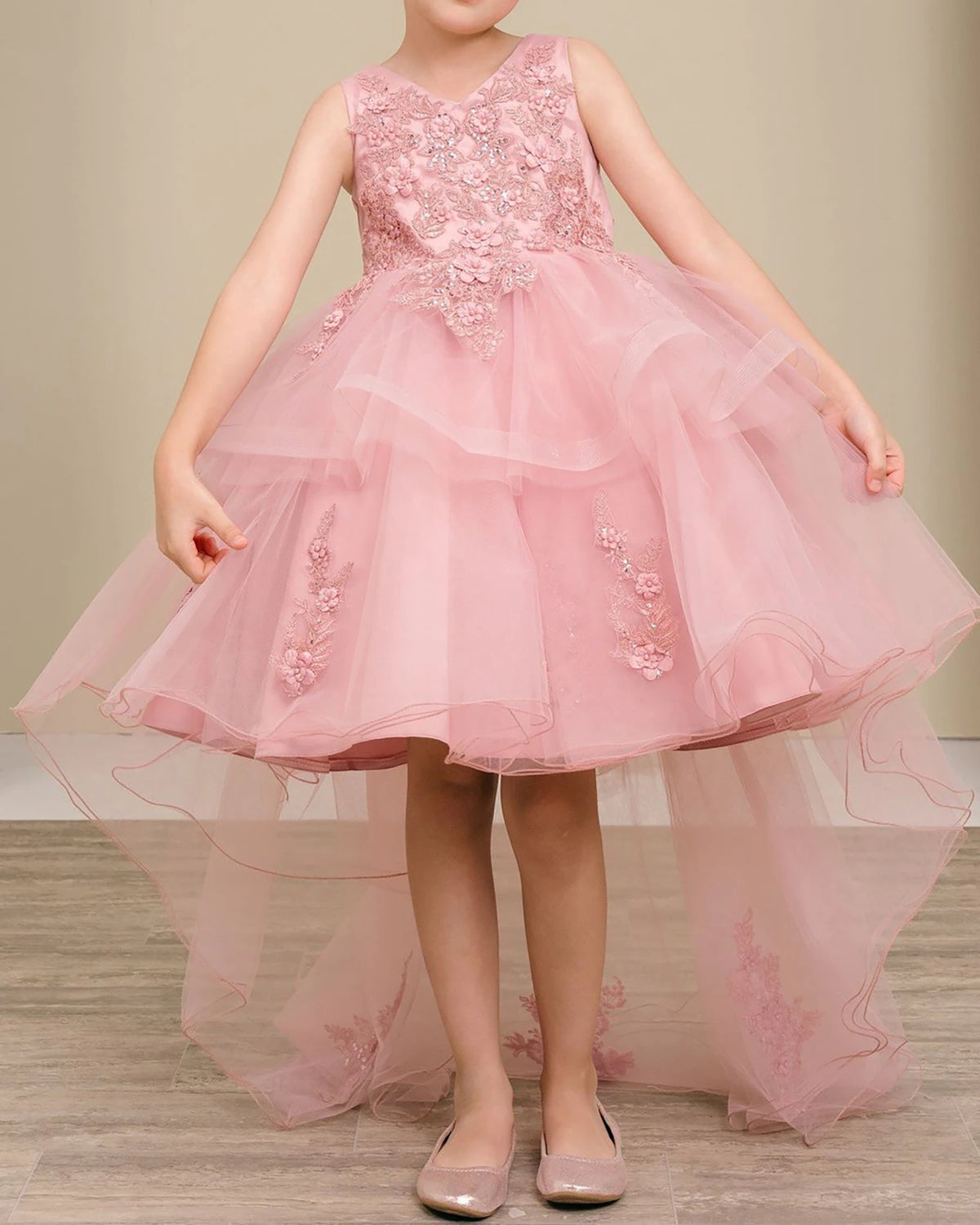 Dusty rose floral flower girl dress.