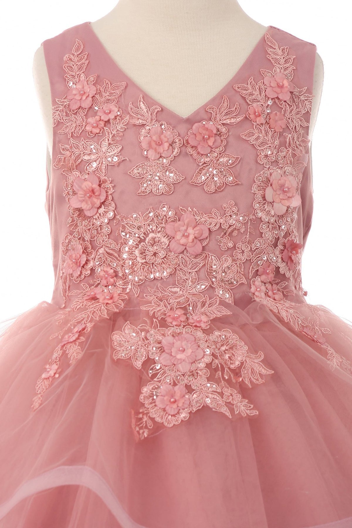 Close-up of Dusty Rose 9 layers of Skirt Train with Hand-crafted Sequin Pearl Beads Top flower girl dress.