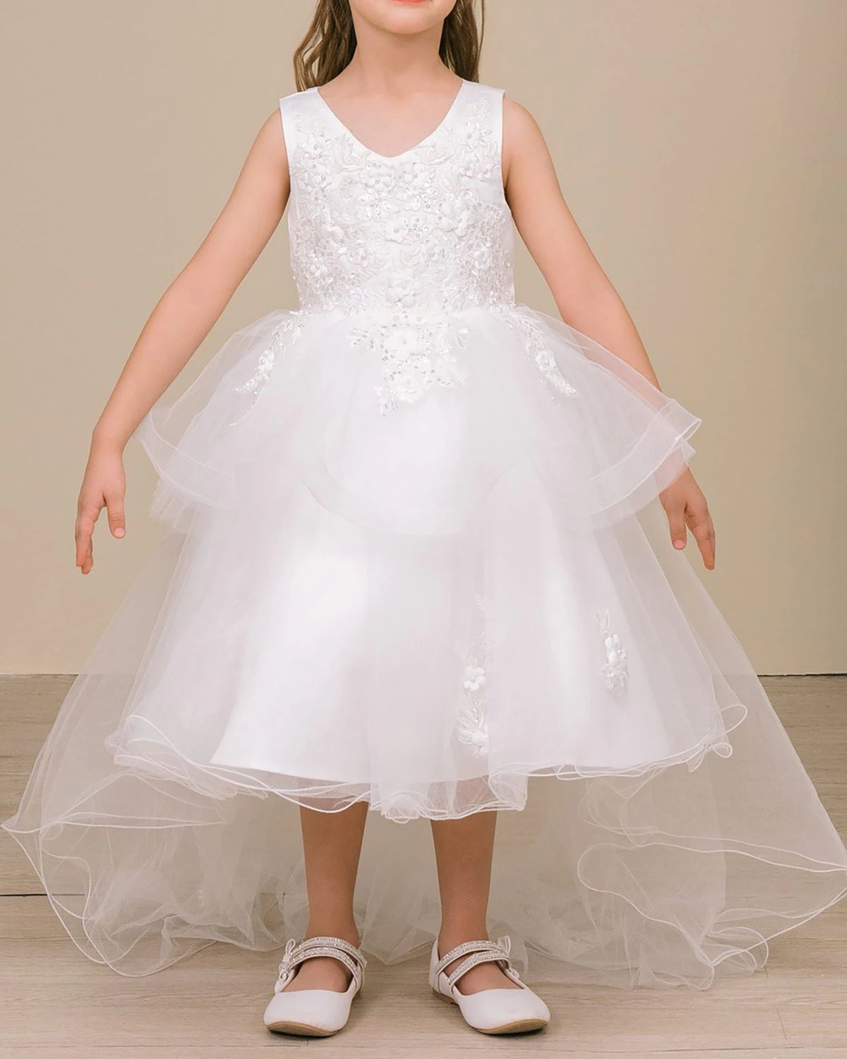 Front view of White 9 layers of Skirt Train with Elegant Hand-crafted Sequin Pearl Beads Top flower girl dress.