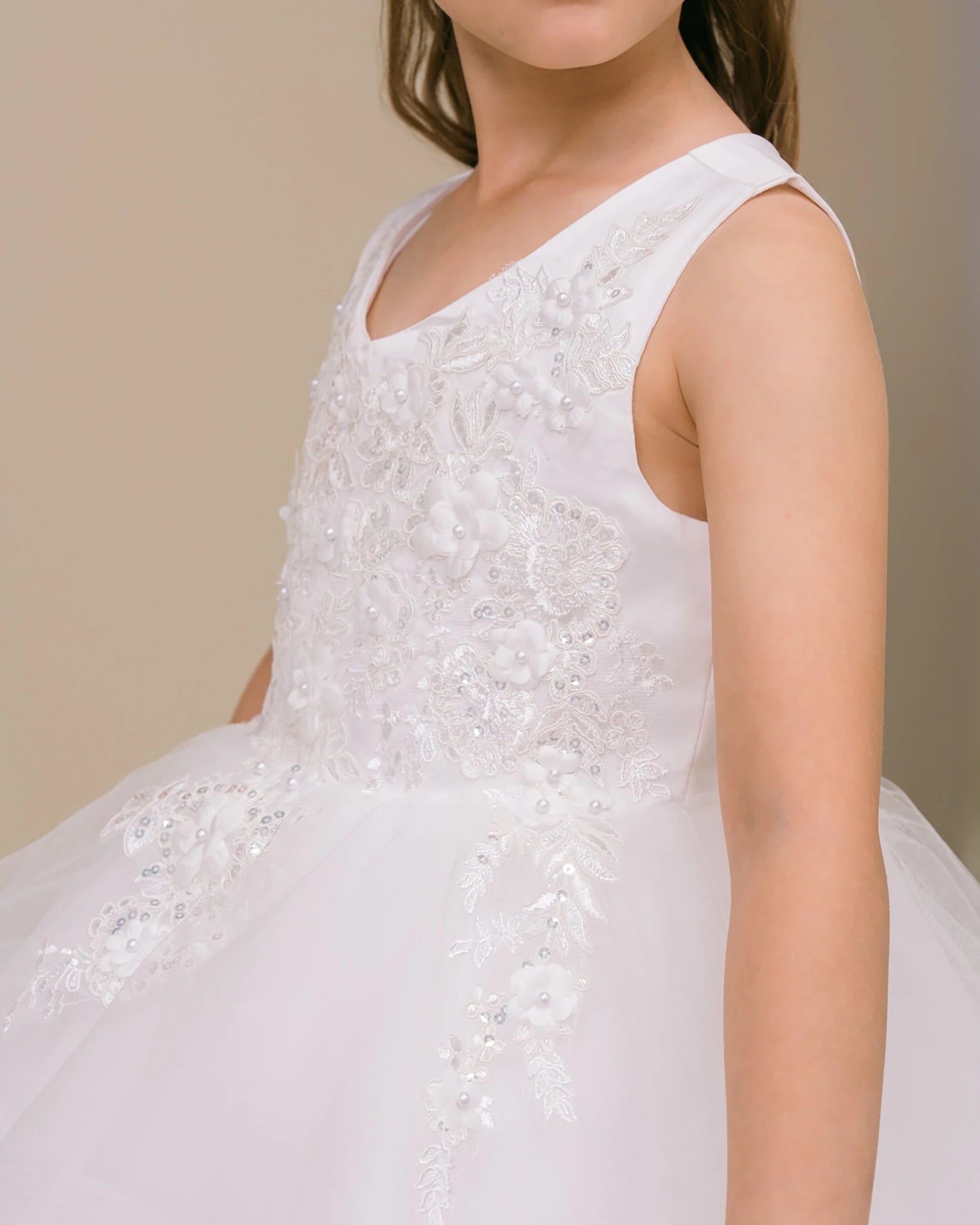 Front view of White 9 layers of Skirt Train with Elegant Hand-crafted Sequin Pearl Beads Top flower girl dress.