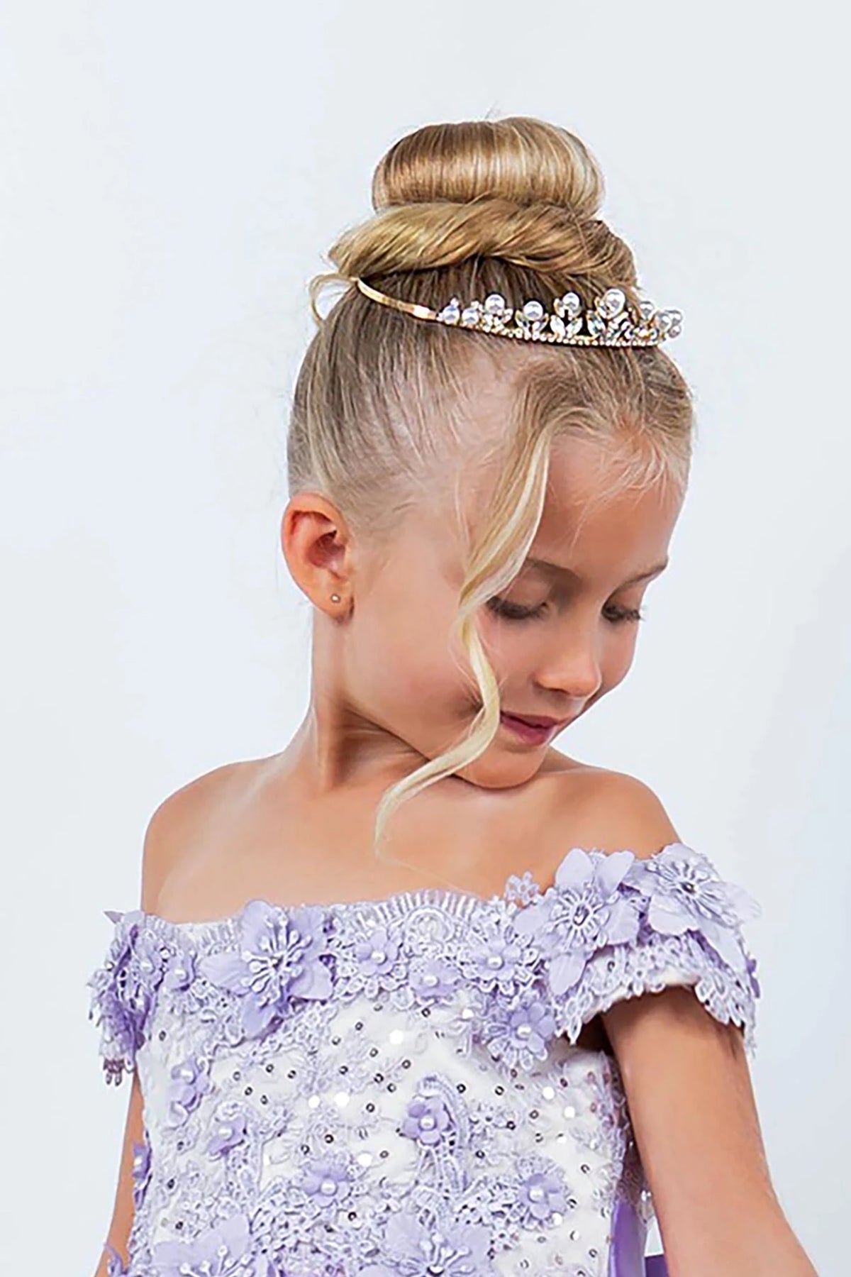 Silver pearl rhinestone floral flower girl and mini quince tiara, close-up, embellishment detail.
