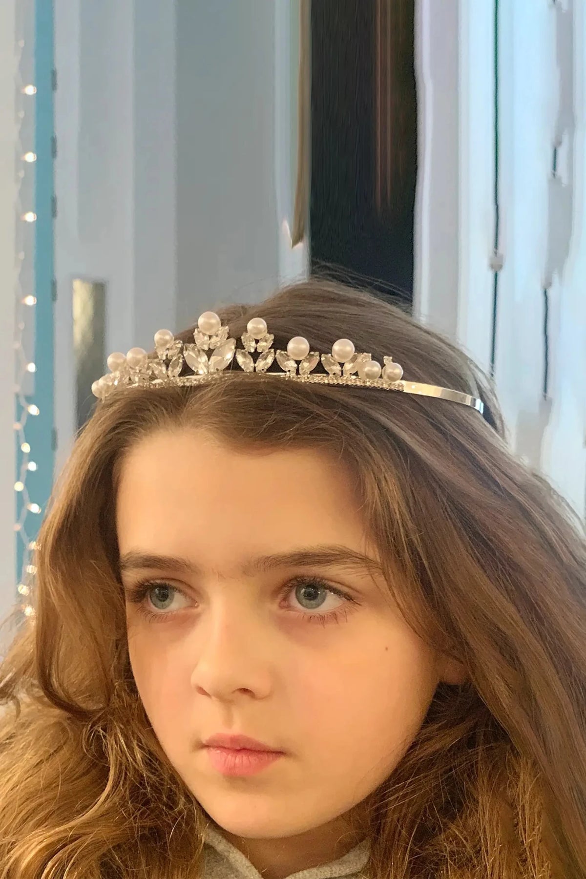 Silver pearl rhinestone floral flower girl and mini quince tiara.